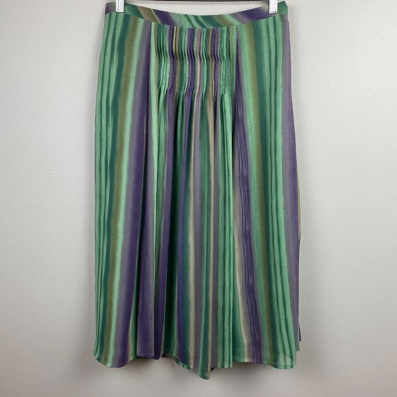 Coldwater Creek‎ Midi Skirt M Striped Pintuck Multicolor Green Purple Retro New - Picture 1 of 11